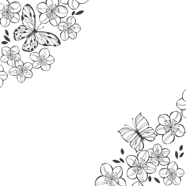 手夜明けさくら花と蝶は 白い背景で隔離 — ストックベクタ