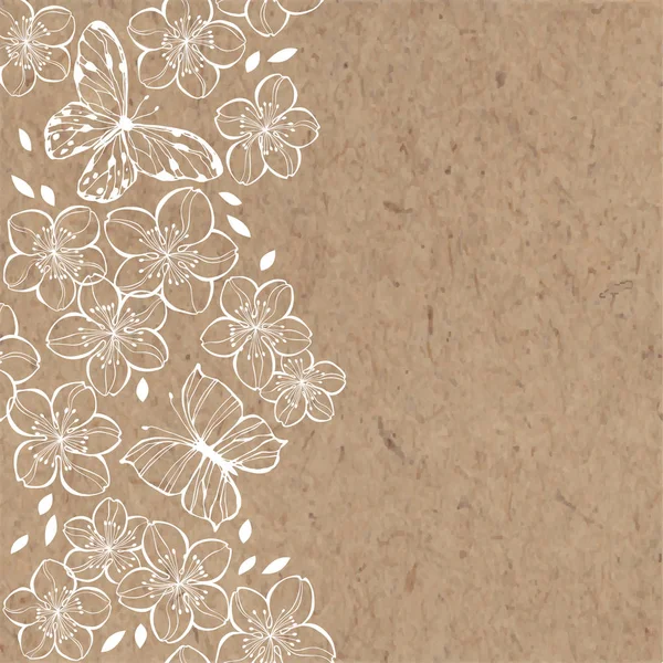 Hand Dawn Sakura Flowers Butterflies Craft Paper Background — Stock Vector