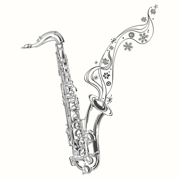 Saxophon, Musik und Schneeflocken. Winter handgezeichnete Vektorillustration. Linienkunst auf weißem Hintergrund. Isoliertes Element für die Gestaltung. — Stockvektor
