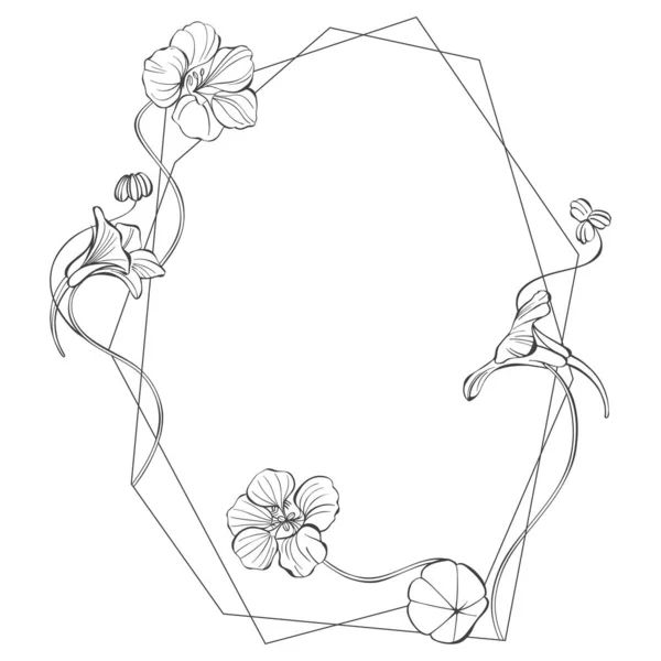 Bloemen frame met nasturtium en ruimte voor tekst. Vector illustratie op wit. Uitnodiging, wenskaart of een element voor uw ontwerp. Overzicht. — Stockvector