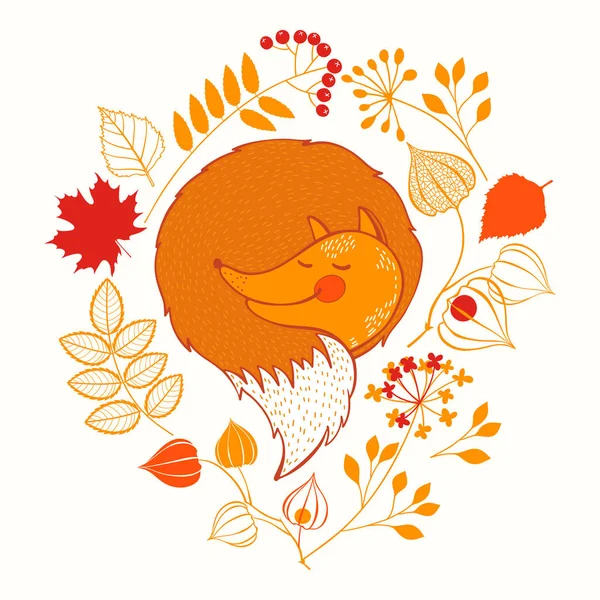 Vos en herfst planten. Vector illustratie op wit. Tekenfilmfiguur. — Stockvector