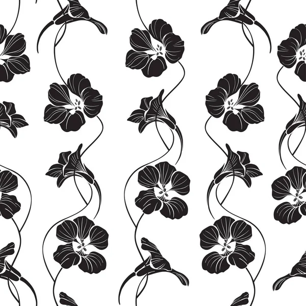 Naadloos patroon met nasturtium. Monochrome vector illustratie.Bloemen silhouetten op een witte achtergrond. — Stockvector
