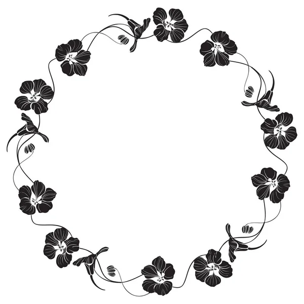 Moldura redonda floral com nastúrcio e espaço para texto. Ilustração vetorial sobre branco. Convite, cartão de felicitações ou um elemento para o seu design. Silhueta . — Vetor de Stock