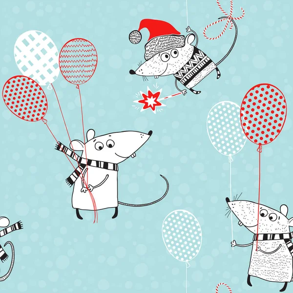Modèle vectoriel sans couture avec des petits rats mignons avec des ballons. Le passé du Nouvel An. Un personnage de dessin animé. Symbole animal du nouvel an 2020 . — Image vectorielle