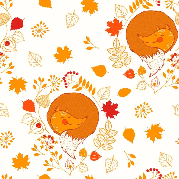 Bezešvé vektorové obrazce se spícími liškami a rostlinami na bílém. Podzimní kreslené pozadí. — Stockový vektor