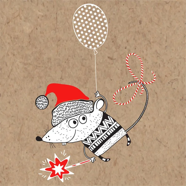 Niedliche Ratte in einer Mütze Weihnachtsmann mit Luftballon. Cartoon-Vektorfigur auf Kraftpapier. isoliertes Element für Design. Tierisches Symbol des neuen Jahres 2020. — Stockvektor