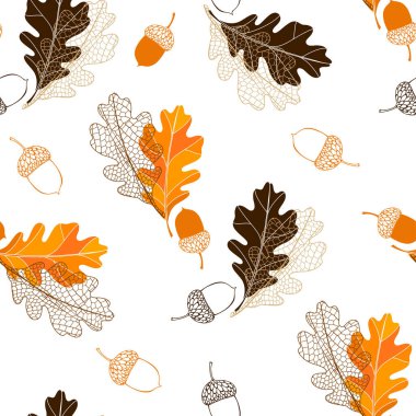 Meşe yaprağı ve meşe palamudu. Beyaz arka planda kusursuz vektör deseni. Doğa sonbahar arkaplanı.