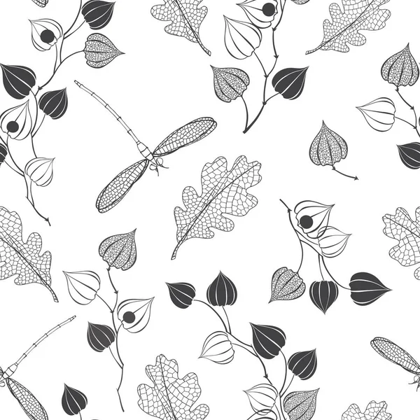 Patrón floral sin costuras con libélulas en blanco. Fondo de la naturaleza monocromática. Vector . — Archivo Imágenes Vectoriales