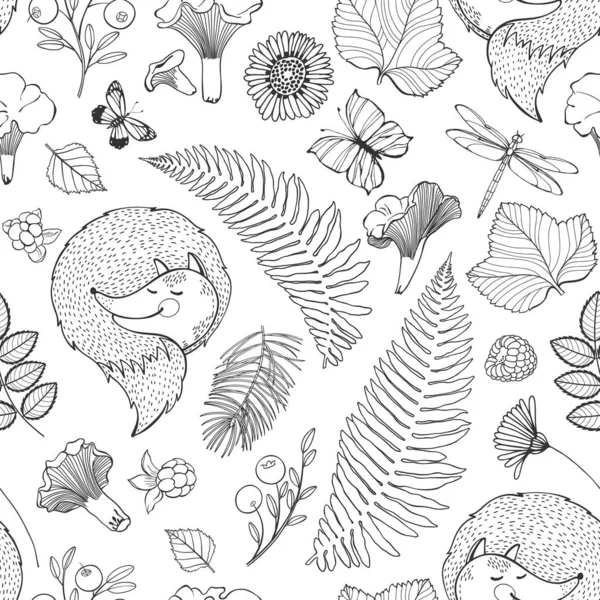 Seamless vector pattern with foxes and forest plants on white. Monochrome nature background. — Stock Vector