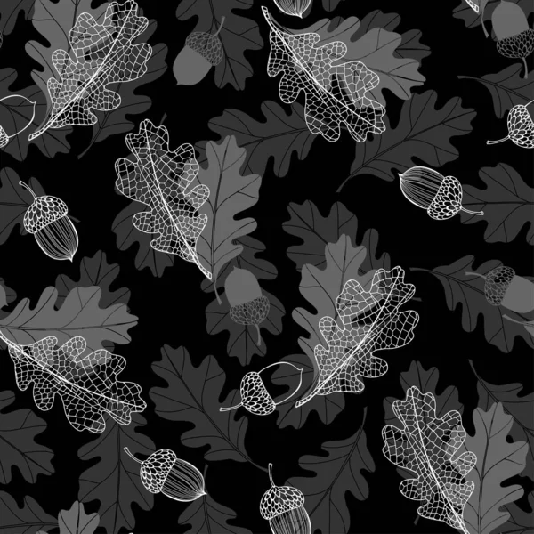 Дубовые листья и желуди. Бесшовный векторный рисунок на черном фоне. Монохромный фон . — стоковый вектор
