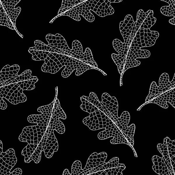 Hojas de roble calado sobre fondo negro. Patrón de vector sin fisuras. Naturaleza fondo monocromo . — Vector de stock