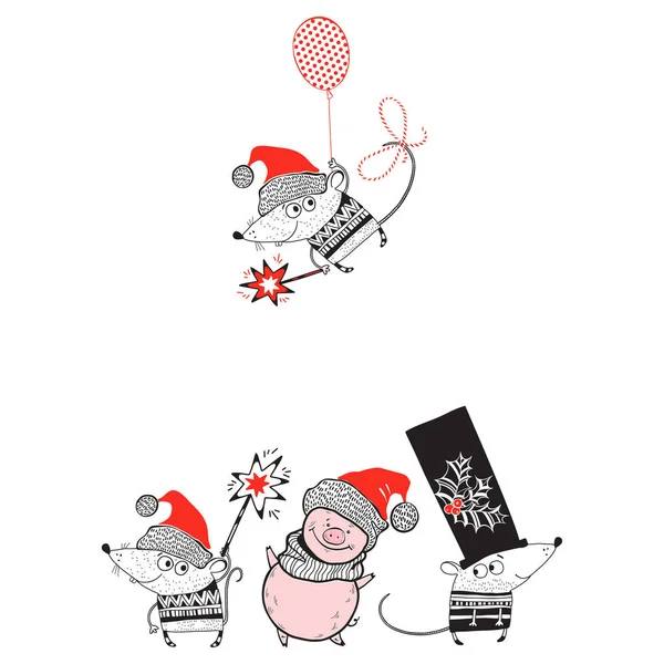 New Year and Christmas card with cute mice and a pig on a white background. .A cartoon characters. Vector illustration, greeting card or invitation. — Stock Vector