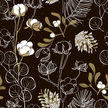 Çiçekli arka plan. Pamuk ve okaliptüs dalları, ökseotu, okaliptüs ve çam kozalakları. Doğa kusursuz desen. Vektör.