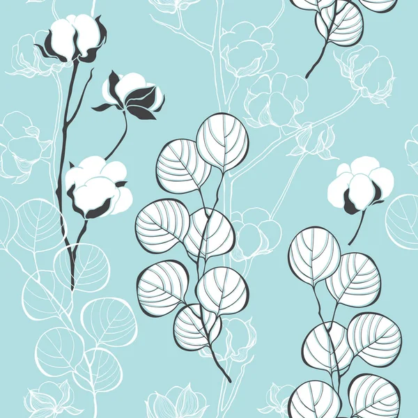 Floral Background Cotton Eucalyptus Branches Nature Seamless Pattern Vector — Stock Vector