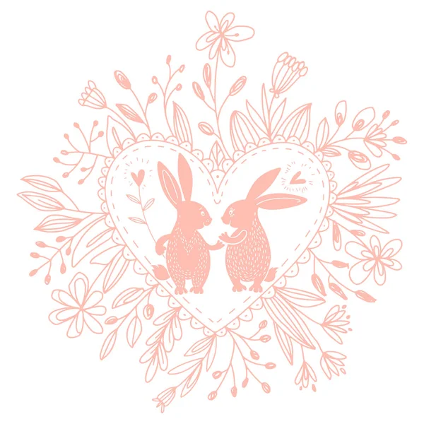 Valentine Card Cartoon Vector Illustration Cute Rabbits Floral Doodles — Stock Vector