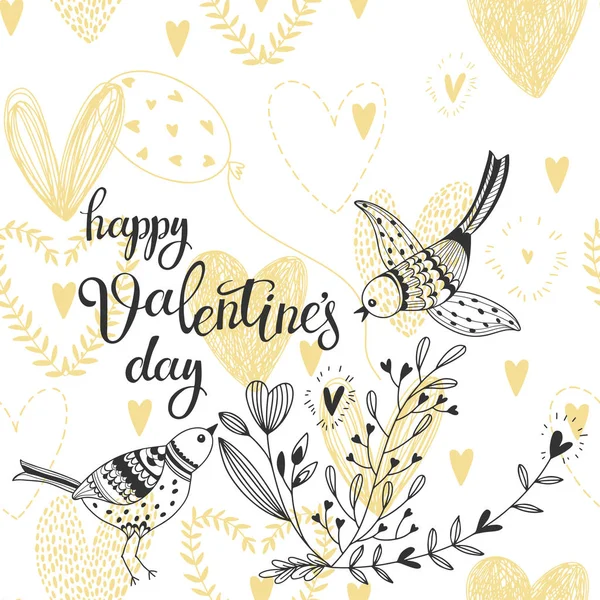 Cartão Valentine Desenhos Animados Ilustração Vetorial Com Pássaros Bonitos Doodles —  Vetores de Stock