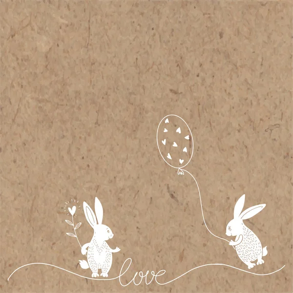 クラフト紙の上のロマンチックな休日カード かわいいウサギと漫画のベクトルイラスト — ストックベクタ