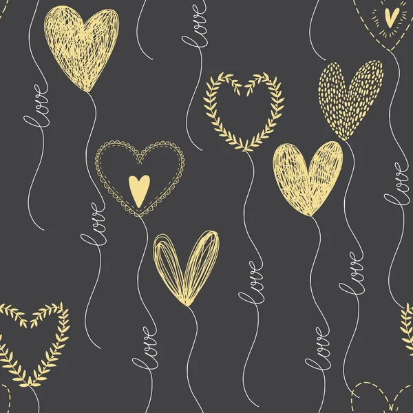 Бесшовный Узор Нарисованными Вручную Сердечками Шариками Чёрном Фоне Векторная Иллюстрация — стоковый вектор
