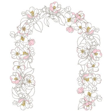 Romantik kemer çerçevesi, çiçek açan elma dalları ve beyaz yazı için yer. Davetiye, tebrik kartı ya da düğün ve parti tasarımınız için bir unsur.