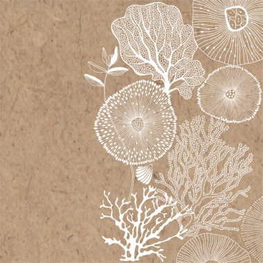 Kraft kağıdında yazılı metin olan bir deniz temasının soyut arkaplanı. Vektör. Tebrik kartları ve davetiyeler için mükemmel.