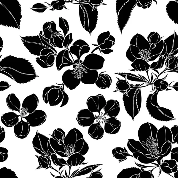 Sömlöst mönster med blommande grenar av äppelträd. Svarta silhuetter på vitt. Blommig vektor bakgrund. — Stock vektor