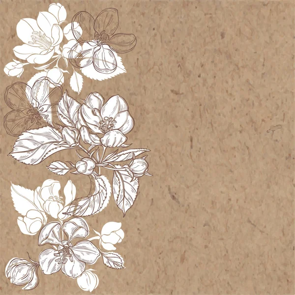Floral vector background with blooming apple tree branches and place for text on kraft paper. Perfect for greeting cards and invitations or an element for your design. Vertical composition. — Stock Vector