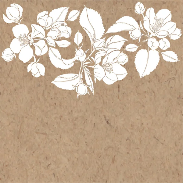 Fondo floral vectorial con ramas de manzano florecientes y lugar para texto en papel kraft. Perfecto para tarjetas de felicitación e invitaciones o un elemento para su diseño. Composición horizontal . — Archivo Imágenes Vectoriales