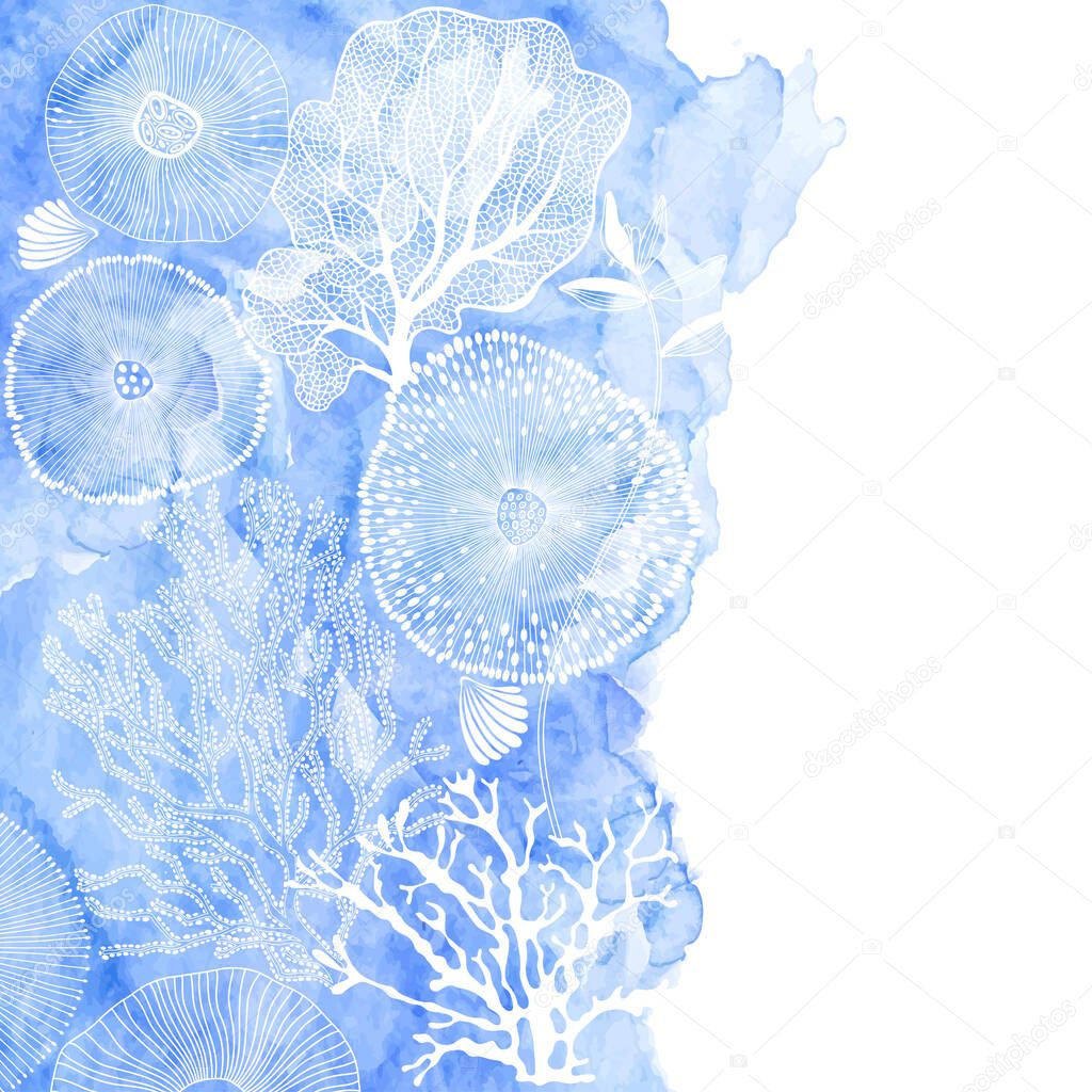Abstract background on a marine theme with a blue watercolor element and place for text. Vector. Perfect for greeting cards and invitations.