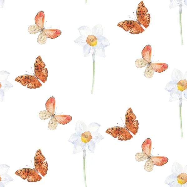 蝶とナルシス シームレスな水彩模様 美術の背景 — ストック写真