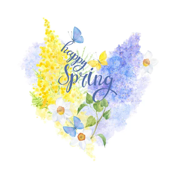 Festlicher Frühlingsblumenschmuck Mit Flieder Mimose Narzisse Und Schmetterlingen Auf Weißem — Stockfoto