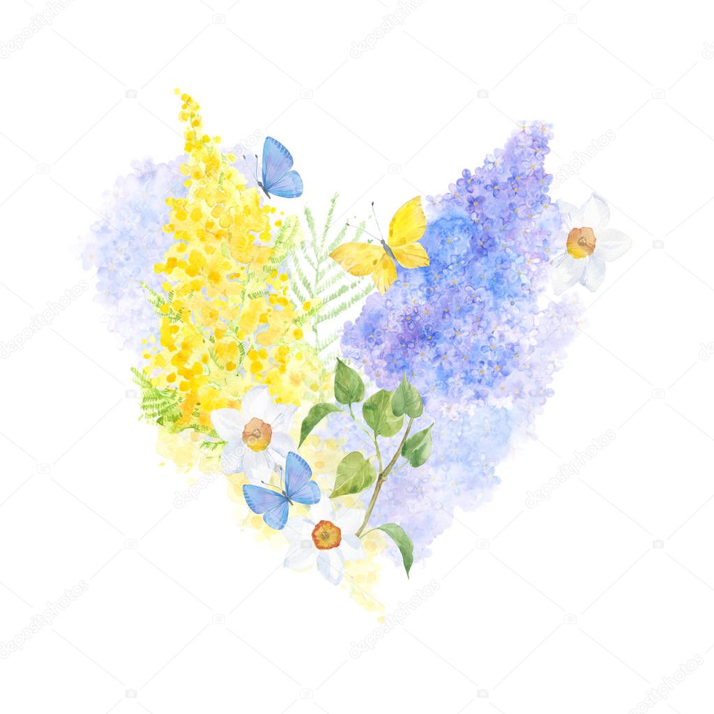 Festive spring floral decoration with lilac, mimosa, narcissus and butterflies on white background. Watercolor illustration.