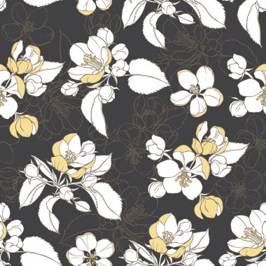 Elma ağaçlarının çiçekli dalları. Vektör. Tek renkli illüstrasyon. Doğa arkaplanı.