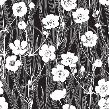 Düğünçiçeği ve çimen yaprakları siyah üzerine. Çiçek açan kır çiçekleri. Vektör çizimi. Doğa geçmişi. Siyah ve beyaz. 