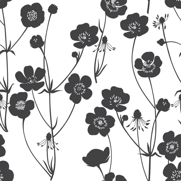 Des Boutons Floraison Fleurs Sauvages Vecteur Illustration Noir Blanc Contexte — Image vectorielle