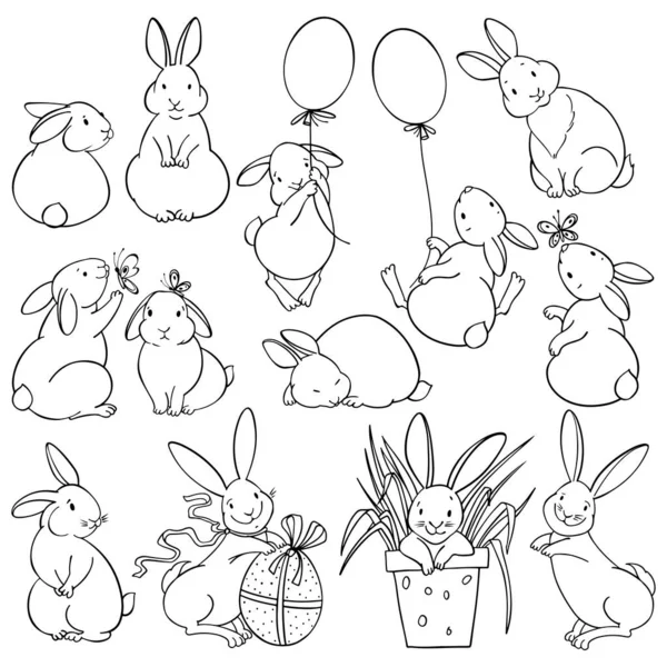 Zole Edilmiş Komik Tavşanlarla Dolu Siyah Beyaz Vektör Çizimi Paskalya — Stok Vektör