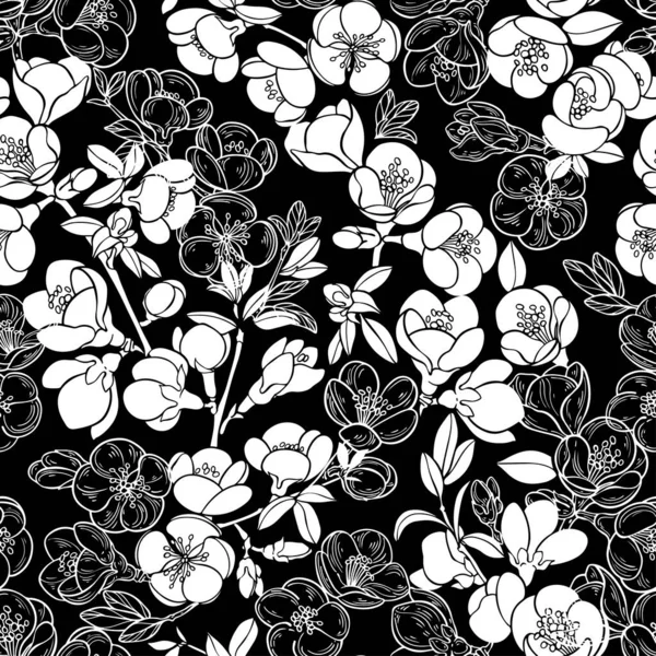 Flowering Quince Branches Vector Nature Background Black White — Stock Vector