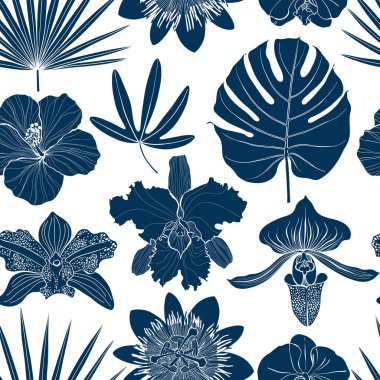 Egzotik tropikal bitkilerle kusursuz desen. Vektör arkaplanı. Siluetler.