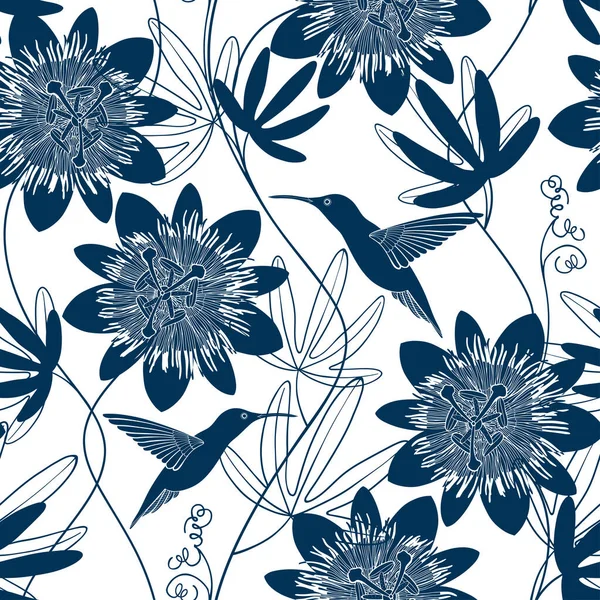 Tutku Çiçeği Sinekkuşu Çiçek Arkaplan Vektör Çizimi Tek Renkli — Stok Vektör
