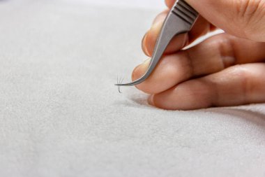 Güzellik salonunda takma kirpik uzatma prosedürü uyguluyor, cımbızla çalışıyor..