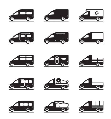 Various types of vans and pickups clipart