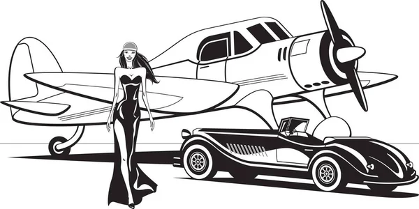 Star du cinéma avec avion rétro et voiture classique — Image vectorielle