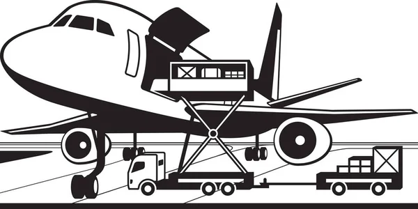 Crane truck loading cargo airplane — Stock Vector