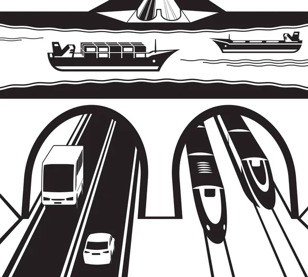 Järnväg och motorväg tunnel under vatten — Stock vektor