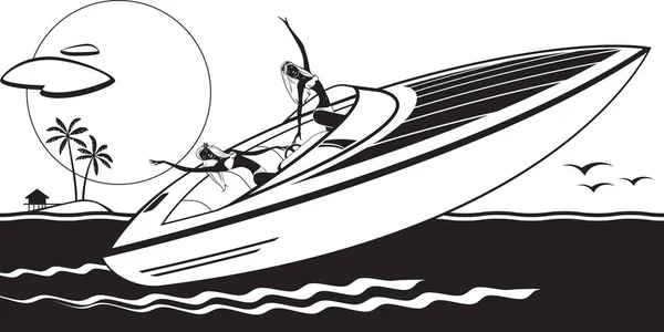 Дві дівчини насолоджуються на яхті на заході сонця — стоковий вектор