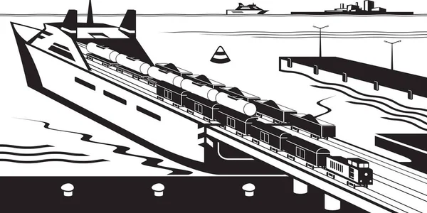 Järnvägs godsvagnar lastas på färjan — Stock vektor
