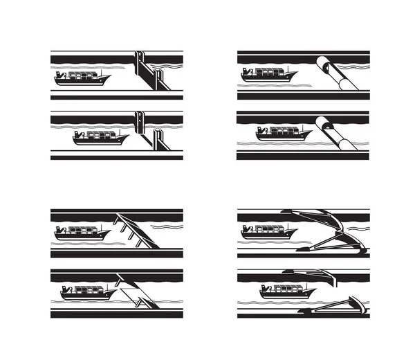 Navio de carga que atravessa diferentes barreiras marítimas —  Vetores de Stock