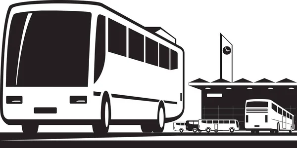 Bussen aankomen en vertrekken op station — Stockvector