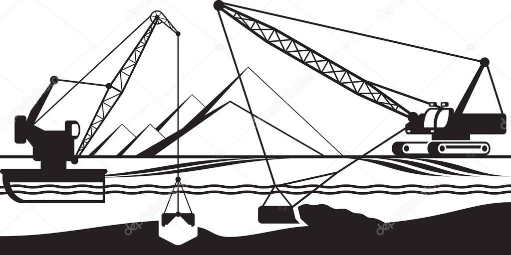 Cranes extracting sand from bottom of river