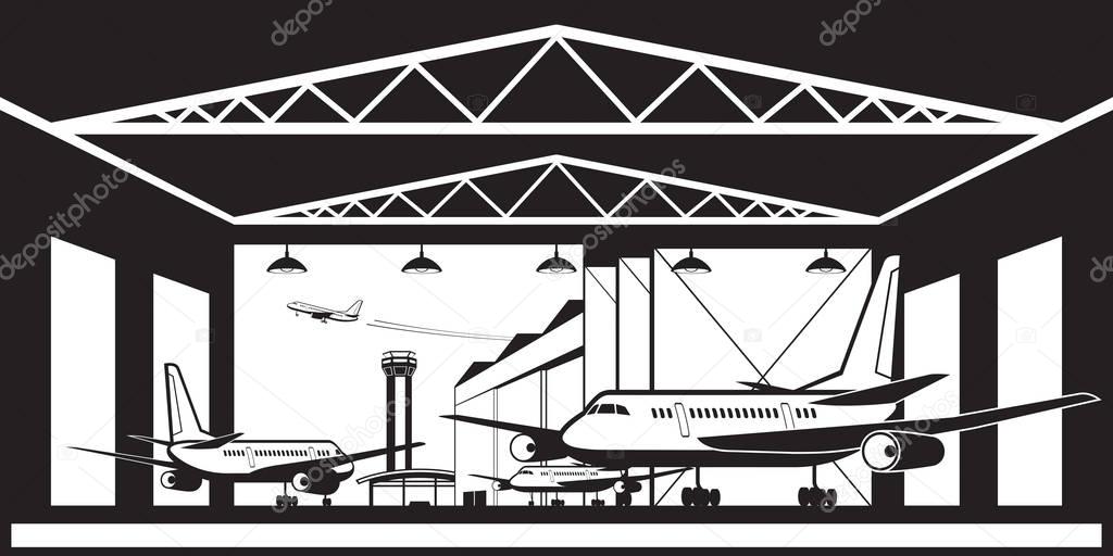 Aircraft hangar at airport - vector illustration