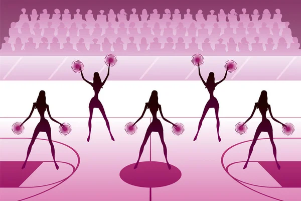 Pom Pom Girls Dansant Sur Terrain Basket Illustration Vectorielle — Image vectorielle